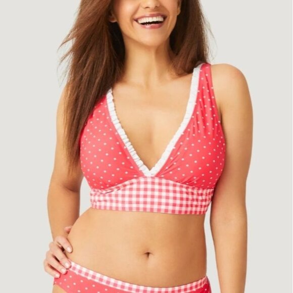 Free Country Women's‎ Polka Dot/Gingham Ruffle Bikini Top in Poppy Red - Size M - Picture 1 of 8